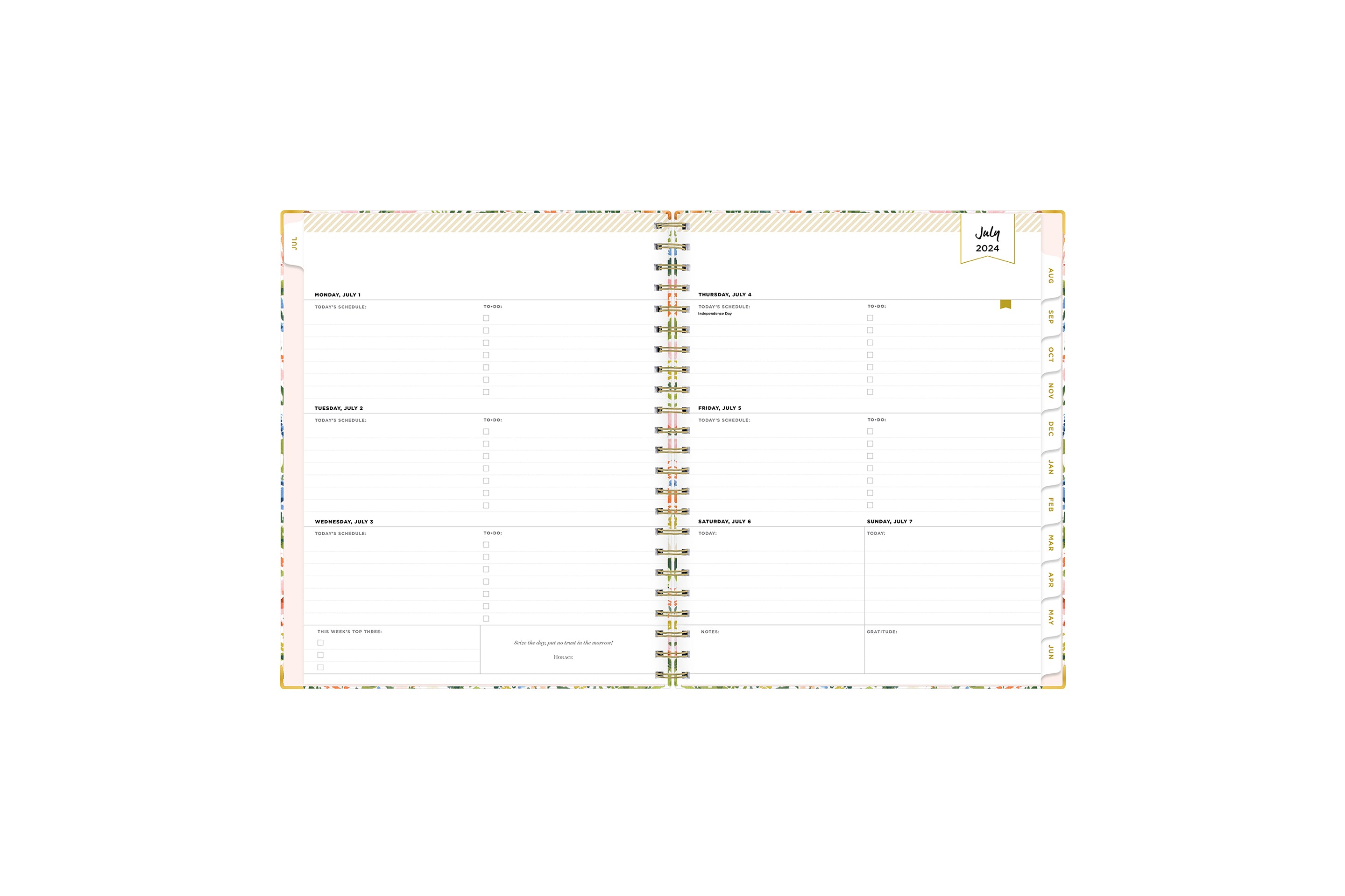  weekly and monthly planner featuring a weekly spread with notes section, to-do list, and gold font white  colored tabs in 5x8 planner size