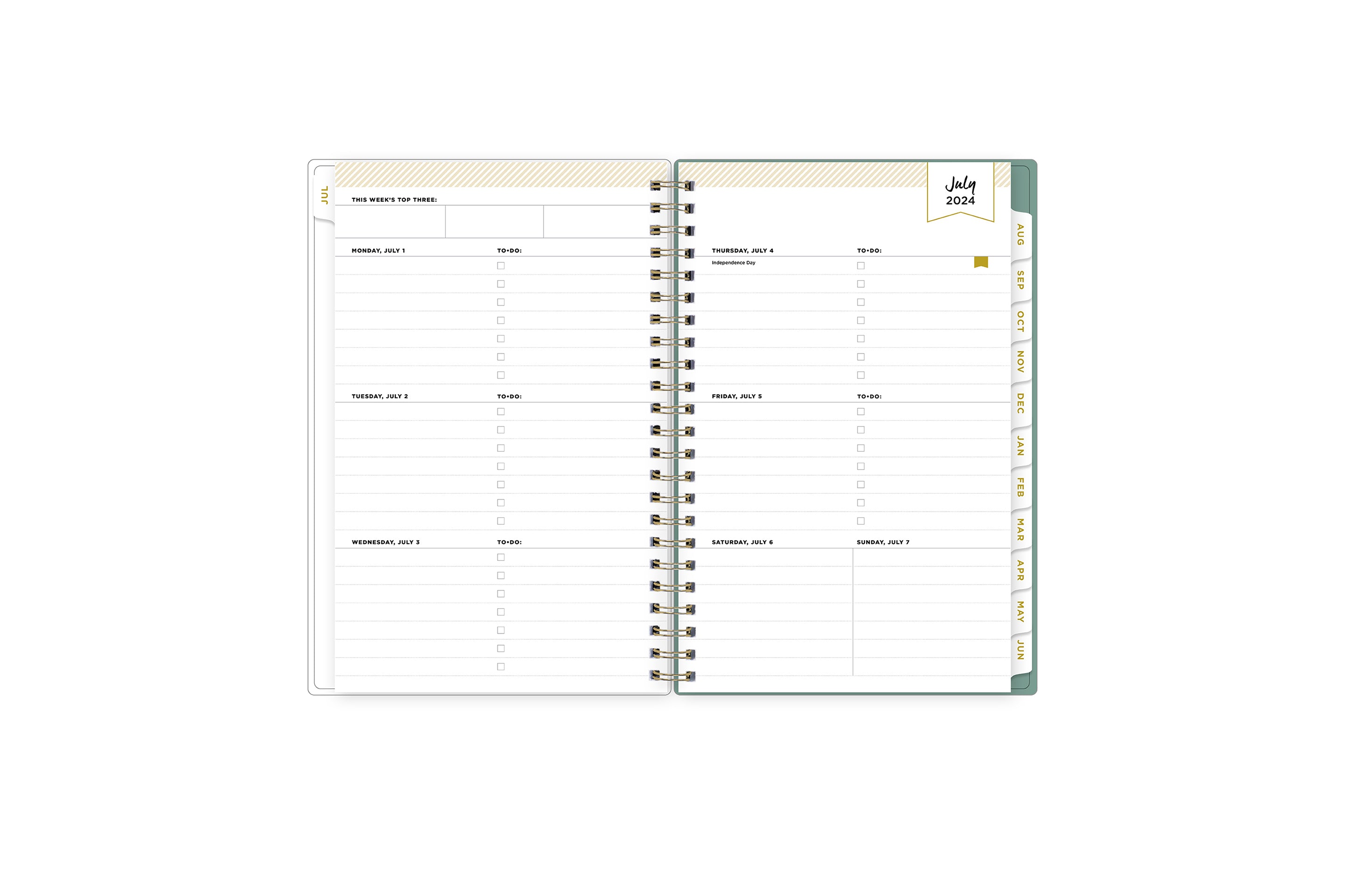 weekly and monthly planner featuring a weekly spread with notes section, to-do list, and gold font white colored tabs in 5x8 planner size