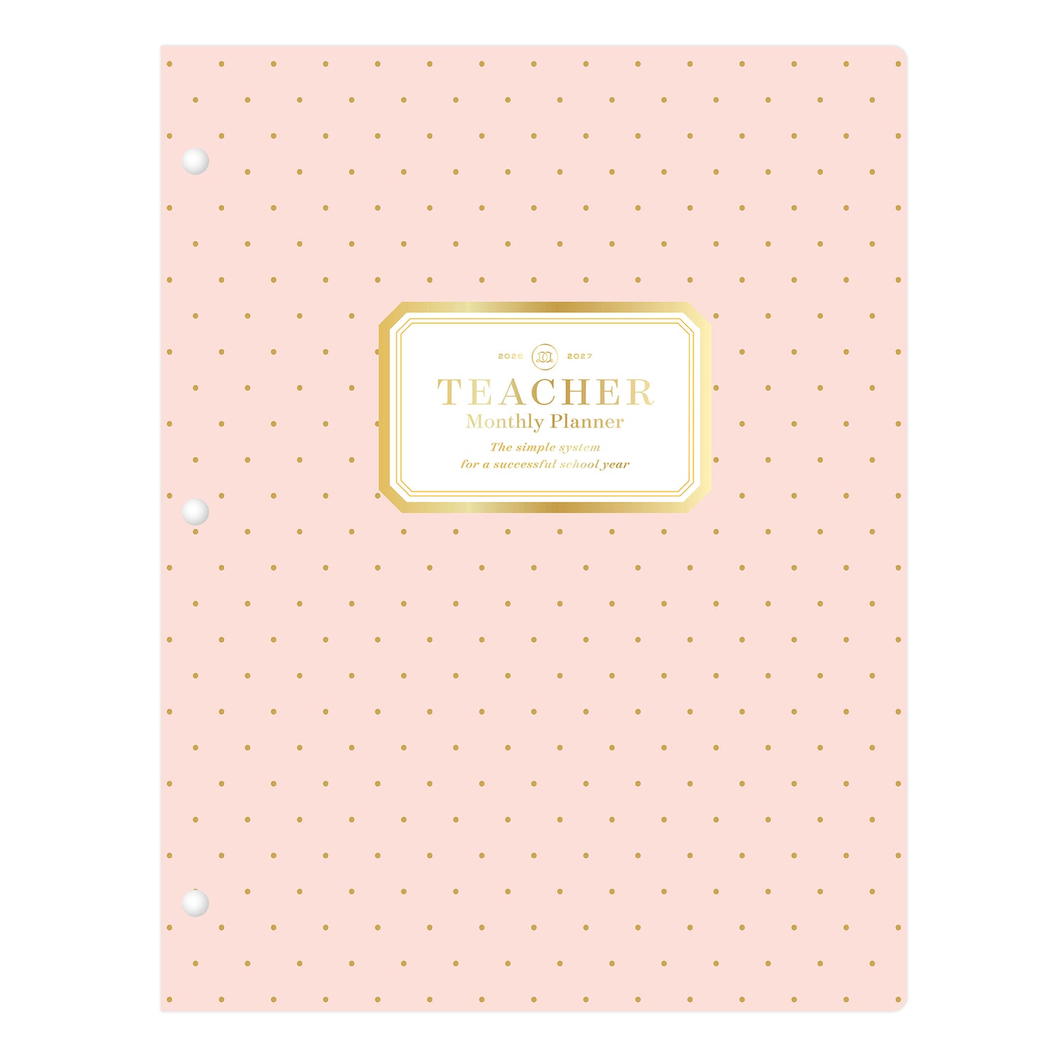 Pink with gold polka dots teacher monthly lesson planner and a gold label on a white background