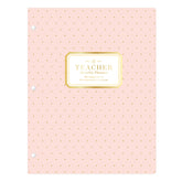 Pink with gold polka dots teacher monthly lesson planner and a gold label on a white background