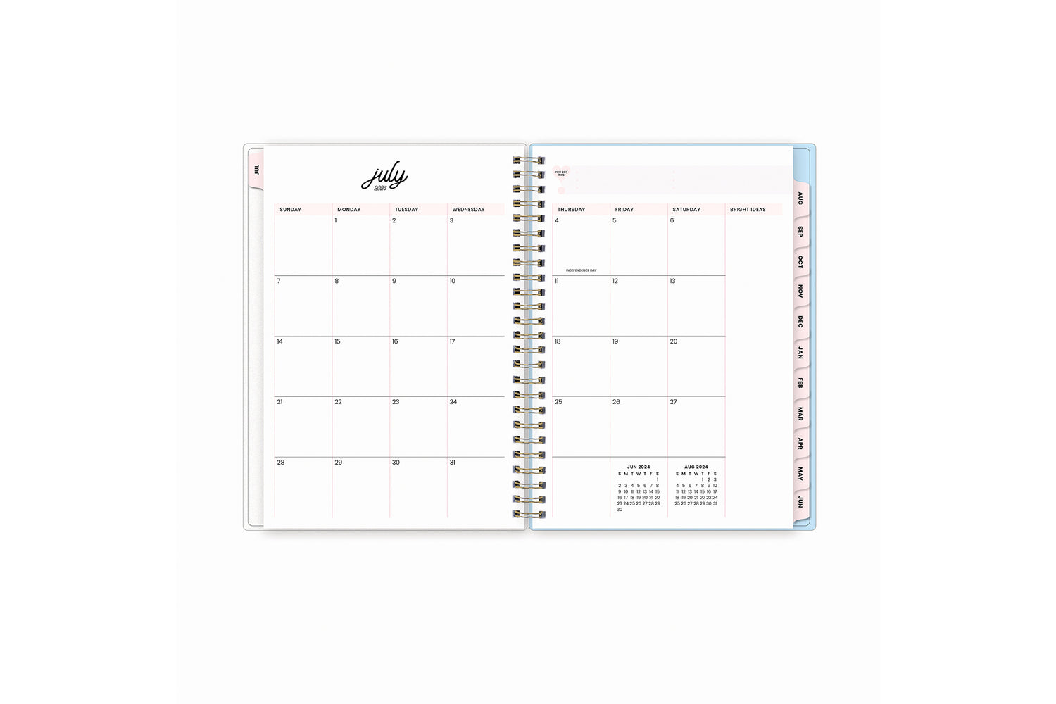 monthly spread featuring blank writing space, notes section, reference calendars all in a 5.875x8.62.5 planner size for July 2024- June 2025