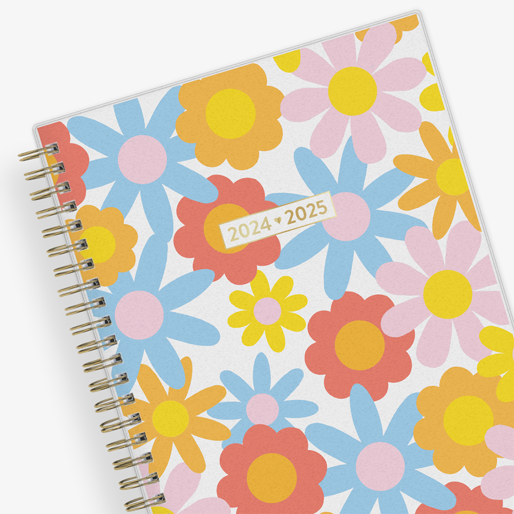 Big floral daisy pattern front cover for this 5.875x8.625 planner notes dated July 2024 - June 2025