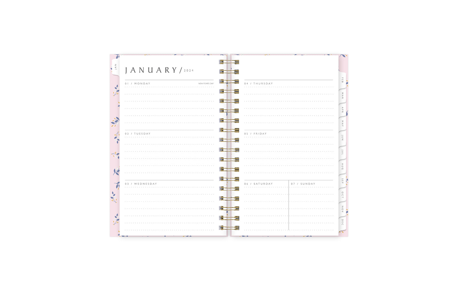 January 2024 - December 2024 weekly monthly planner featuring a weekly spread with lined writing space, notes section, reference calendars, and light purple monthly tabs in 3.625x6.125size