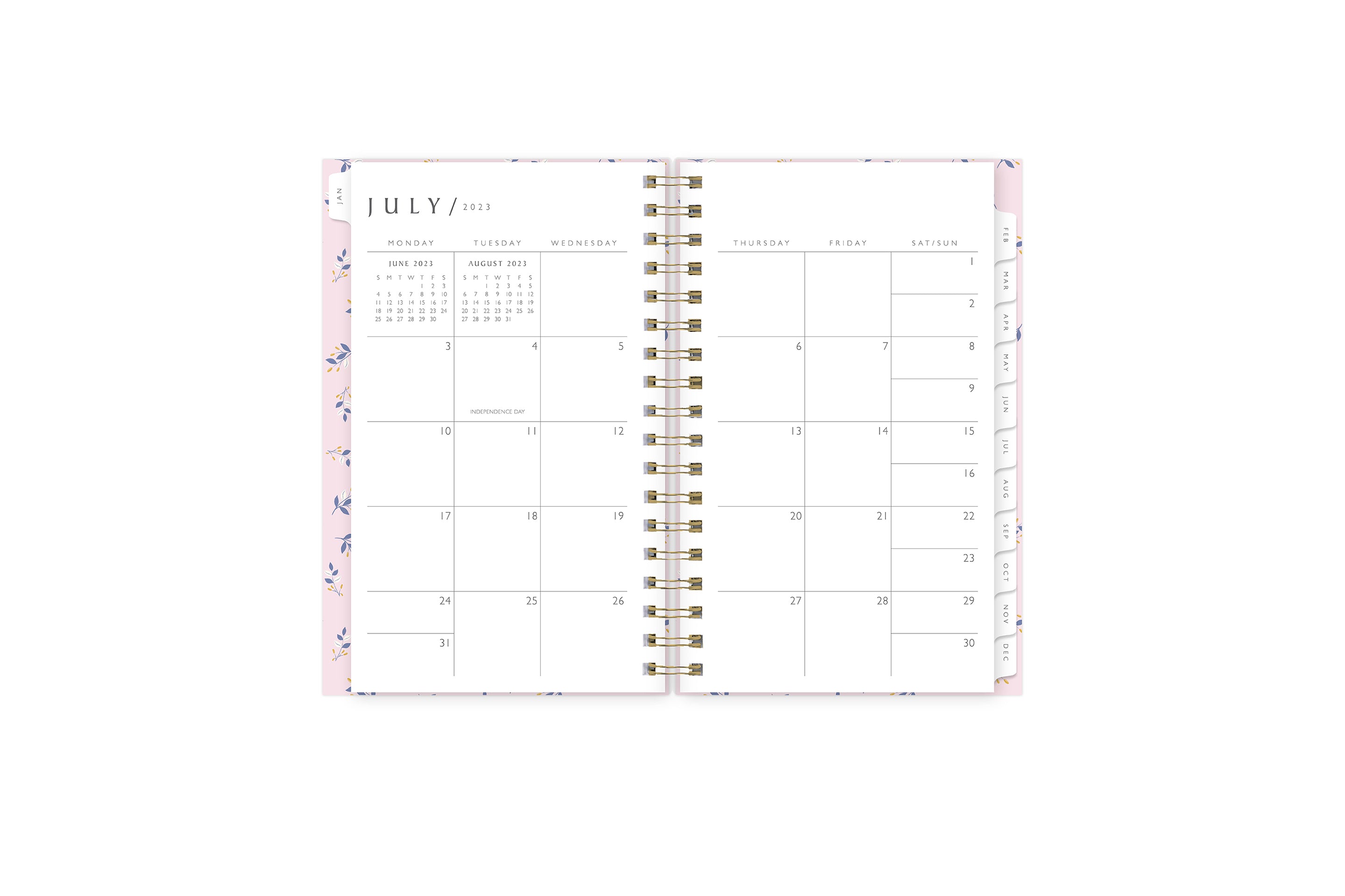January 2024 - December 2024 weekly monthly planner featuring a monthly spread boxes for each day, blank writing space, notes section, reference calendars, and light purple monthly tabs in 3.625x6.125size