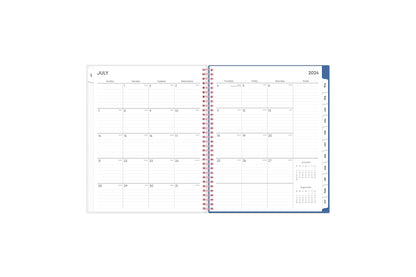 weekly monthly academic year planner featuring a monthly spread, lined writing space, notes section, reference calendars, and blue monthly tabs in 8.5x11 planner size
