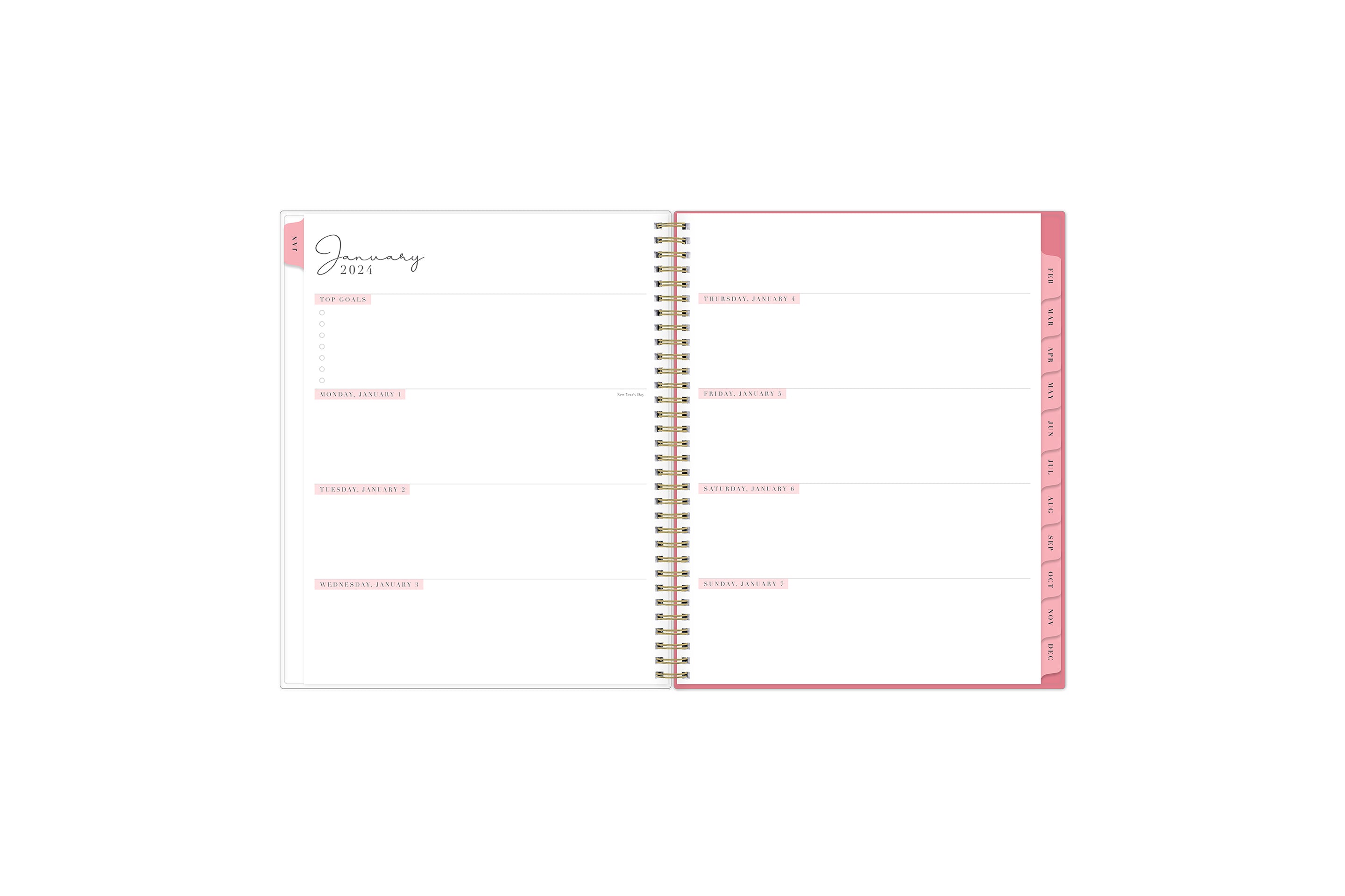 The 2024 Rach parcell planner features a weekly spread view with top goals for the week, blank white writing space for each day, and soft ivory monthly tabs.