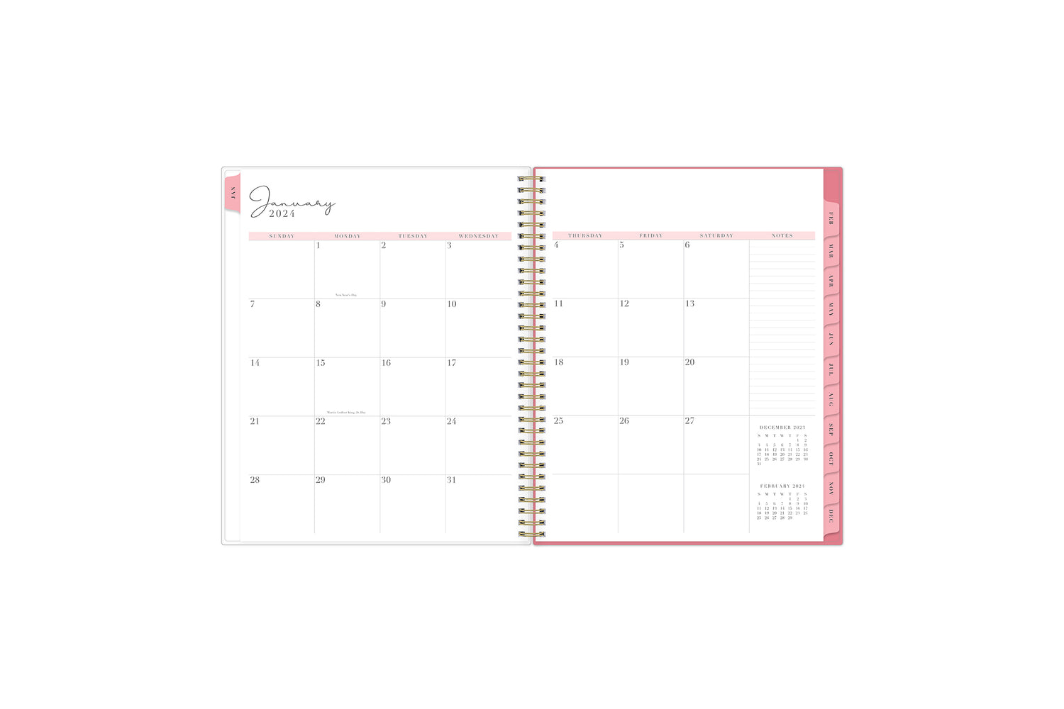 The 2024 Rach Parcell planner features a monthly view with ample blank white writing space, reference calendars, notes section, and soft cream monthly tabs.