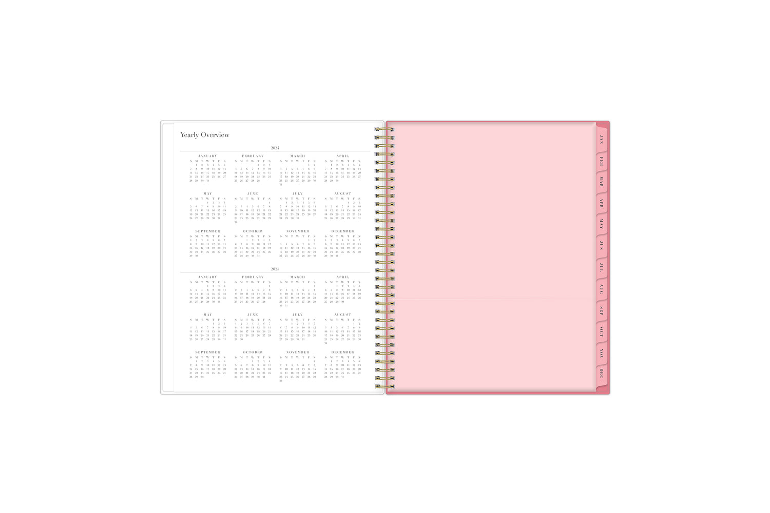 2024-2025 yearly overview with pink monthly tabs and gold wire-o binding