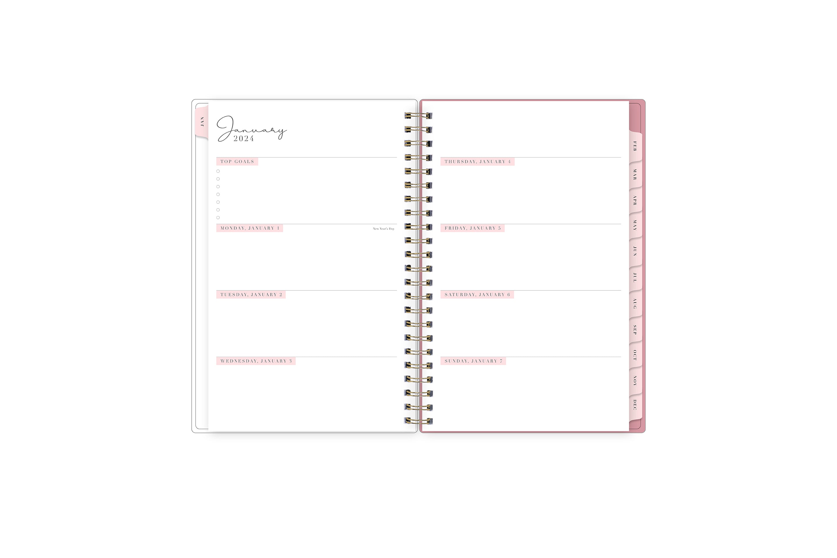 The 2024 Rach parcell planner features a weekly spread view with top goals for the week, blank white writing space for each day, and soft pink monthly tabs.
