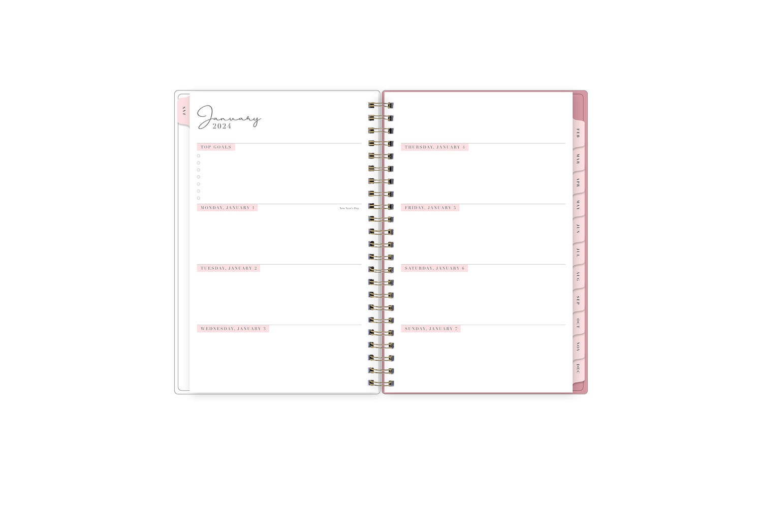 The 2024 Rach parcell planner features a weekly spread view with top goals for the week, blank white writing space for each day, and soft pink monthly tabs.