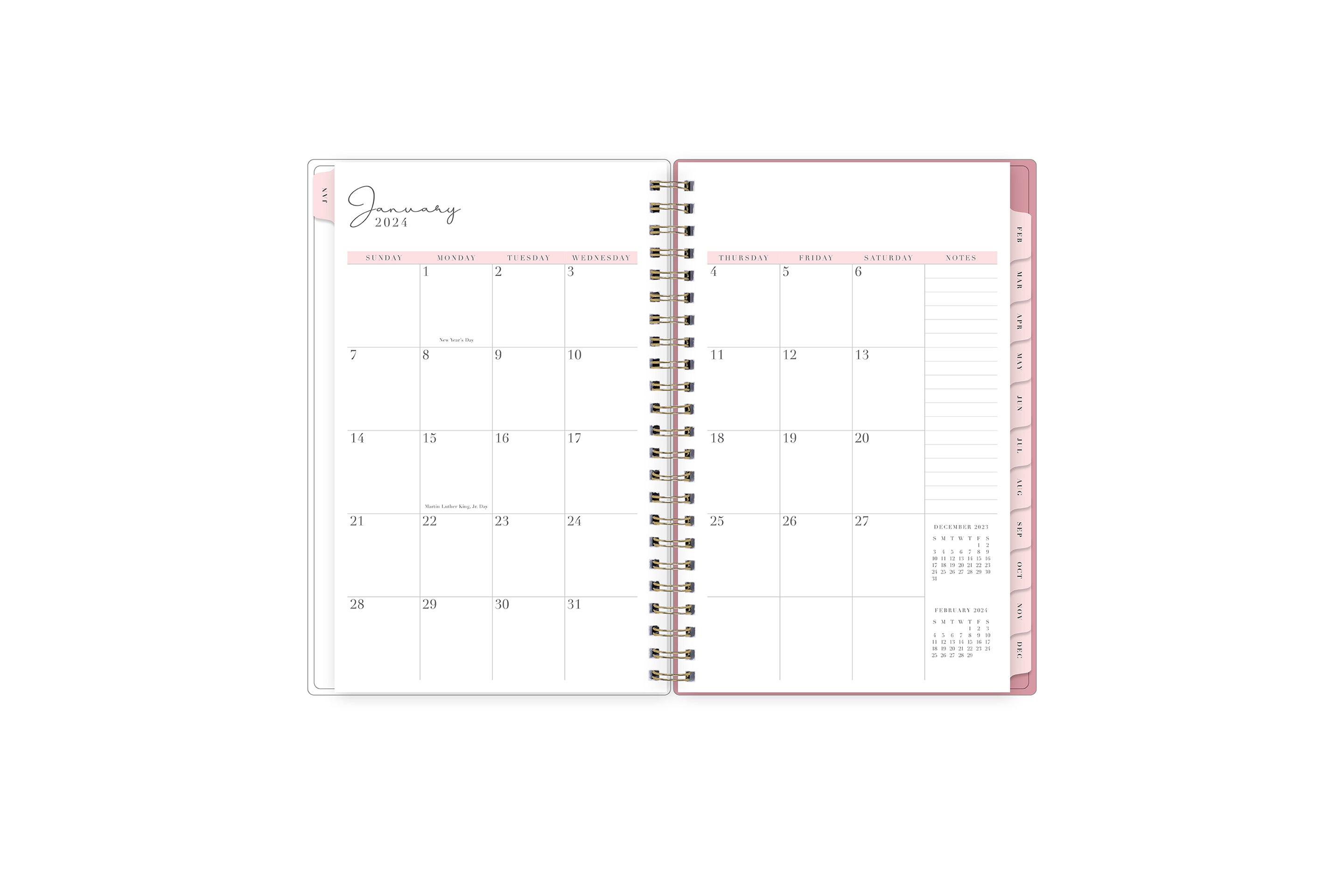 The 2024 Rach Parcell planner features a monthly view with ample blank white writing space, reference calendars, notes section, and soft pink monthly tabs.