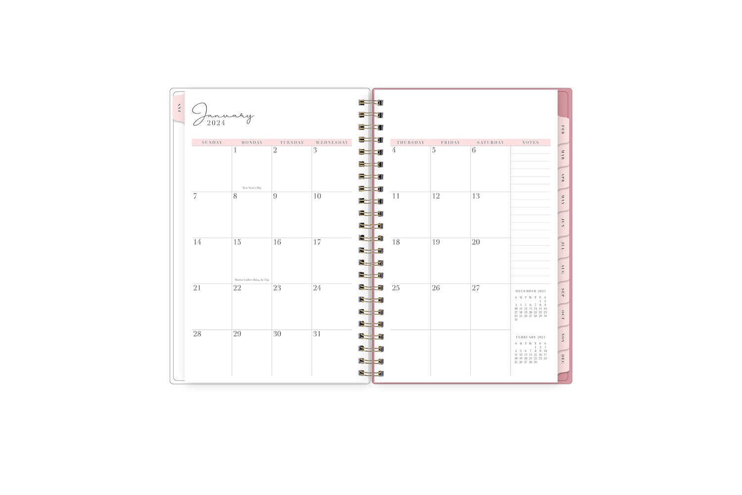The 2024 Rach Parcell planner features a monthly view with ample blank white writing space, reference calendars, notes section, and soft pink monthly tabs.