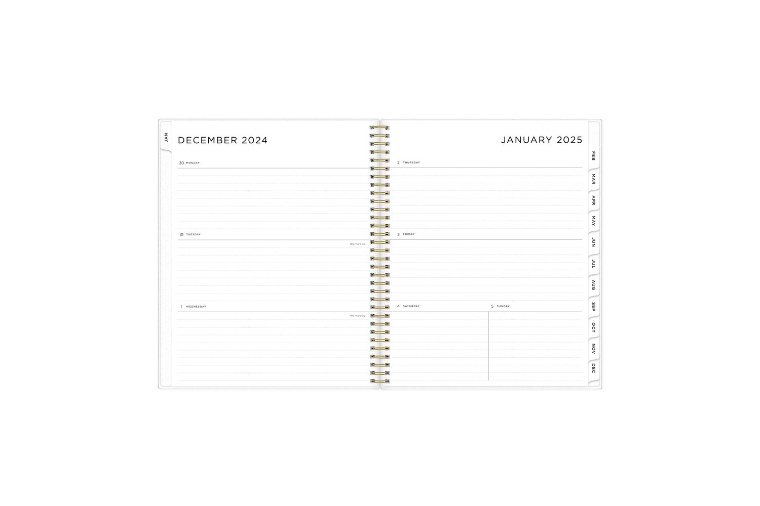 2025 planner featuring a weekly spread with lined writing space, space for bullet points, and monthly white tabs with black text.

