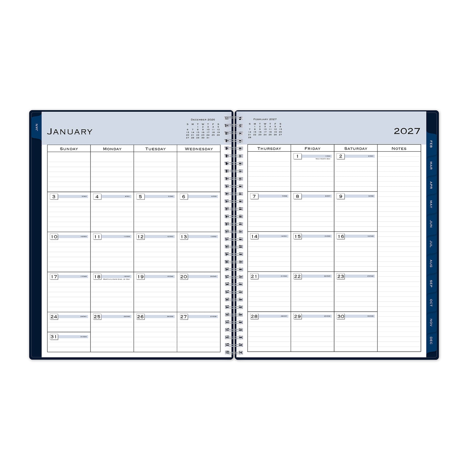 2027 weekly monthly solid navy 8.5x11 planner featuring a monthly layout with lined writing space, navy monthly tabs, notes section, and ample writing space