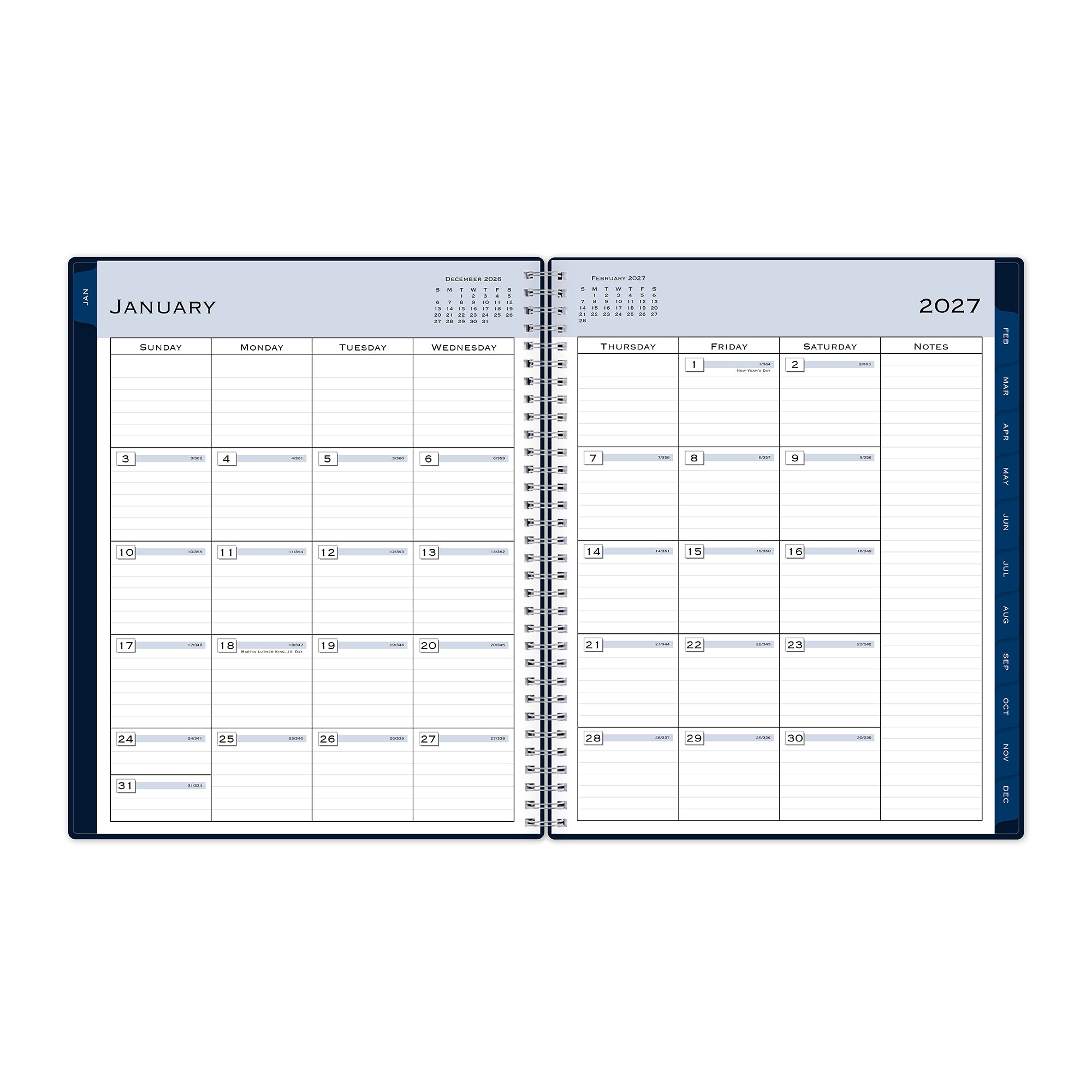 2027 weekly monthly solid navy 8.5x11 planner featuring a monthly layout with lined writing space, navy monthly tabs, notes section, and ample writing space