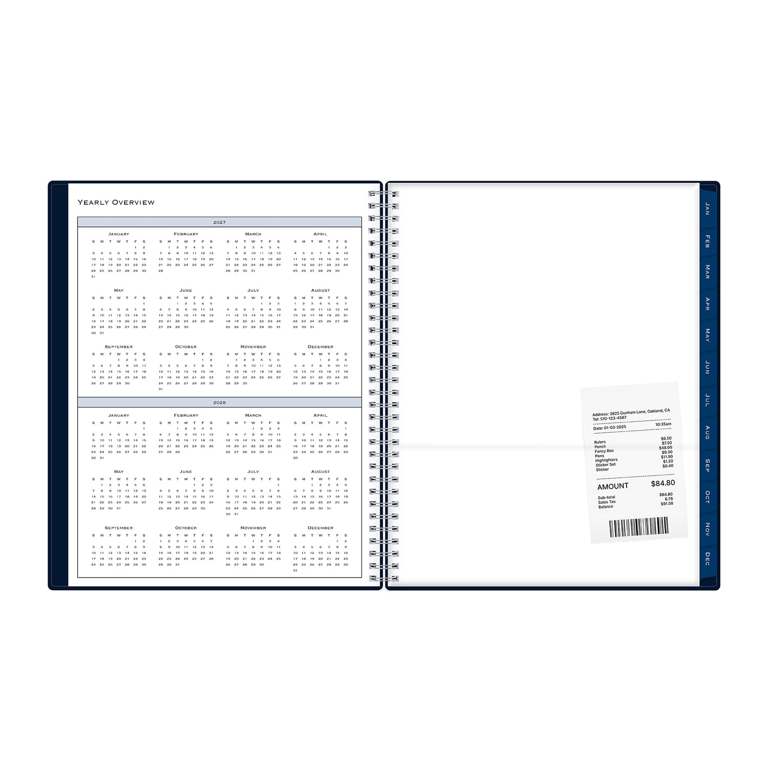 2027 and 2028 yearly overview with reference calendar and poly clear storage pocket for notes or anything to be stored.