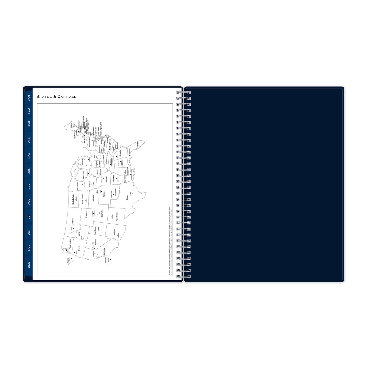 solid navy back cover in 8.5x11 and features map of USA with states and capitals.