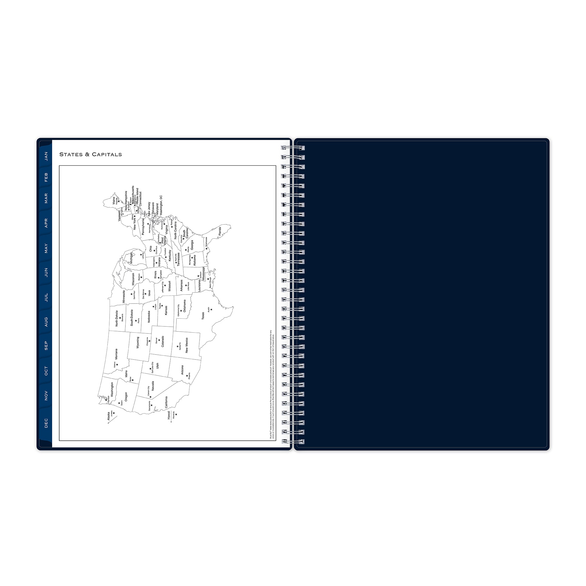 solid navy back cover in 8.5x11 and features map of USA with states and capitals.
