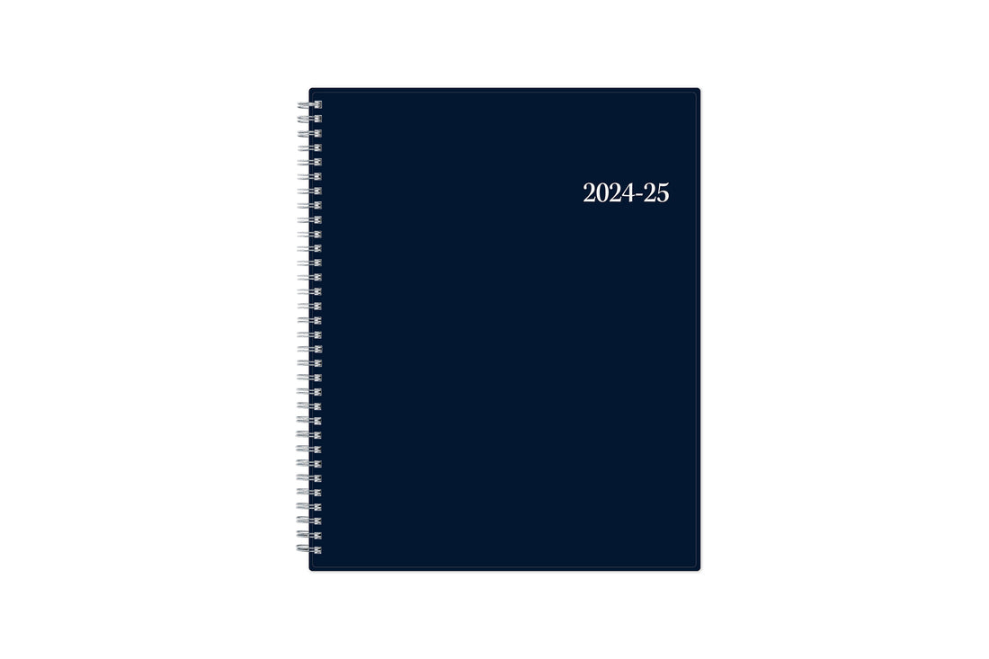  weekly monthly academic planner featuring a solid navy cover and silver twin wire-o binding 8.5x11 size
