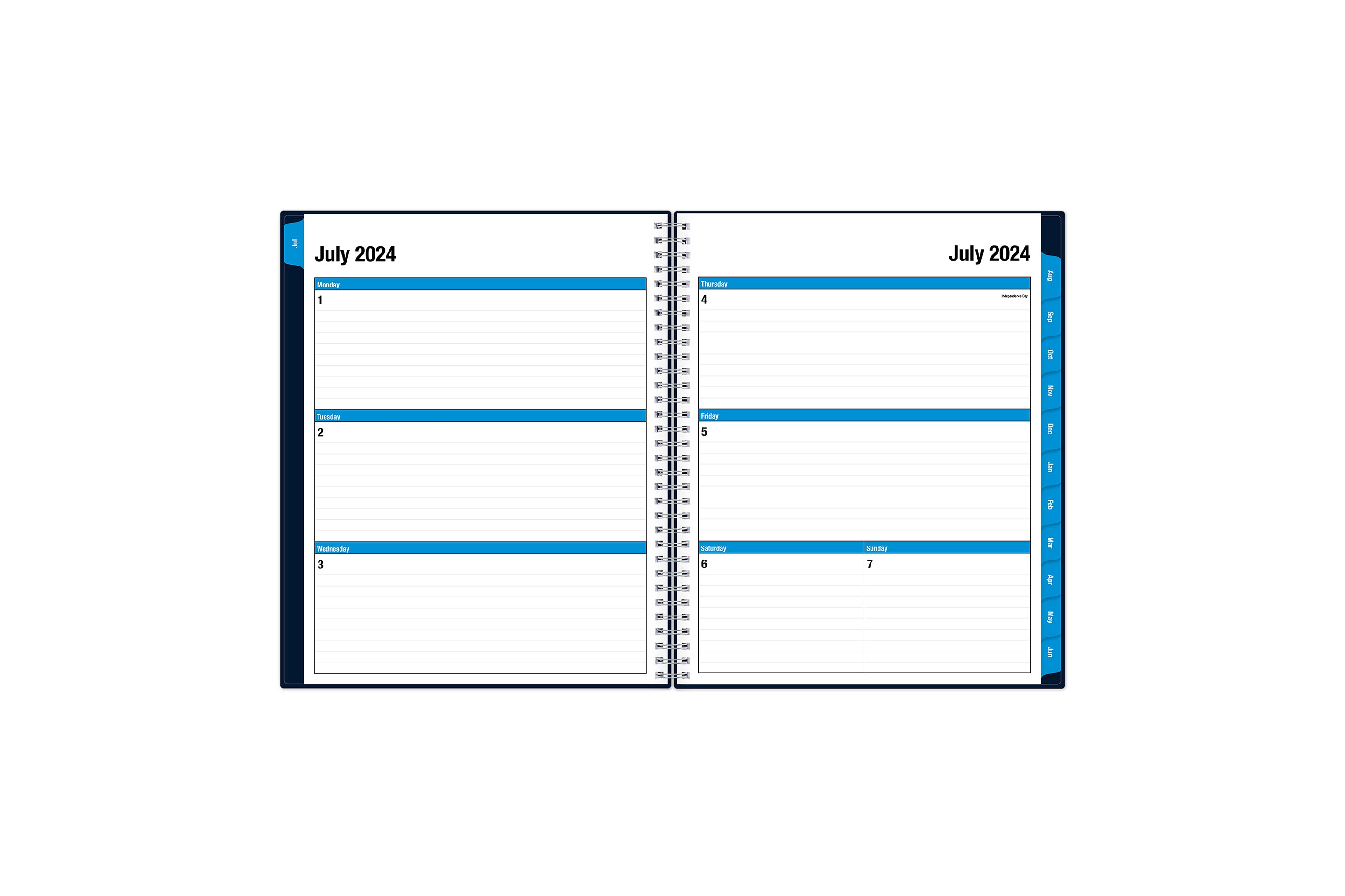  weekly monthly planner featuring a weekly spread with ample lined writing space and blue monthly tabs in a 8.5x11 planner size
