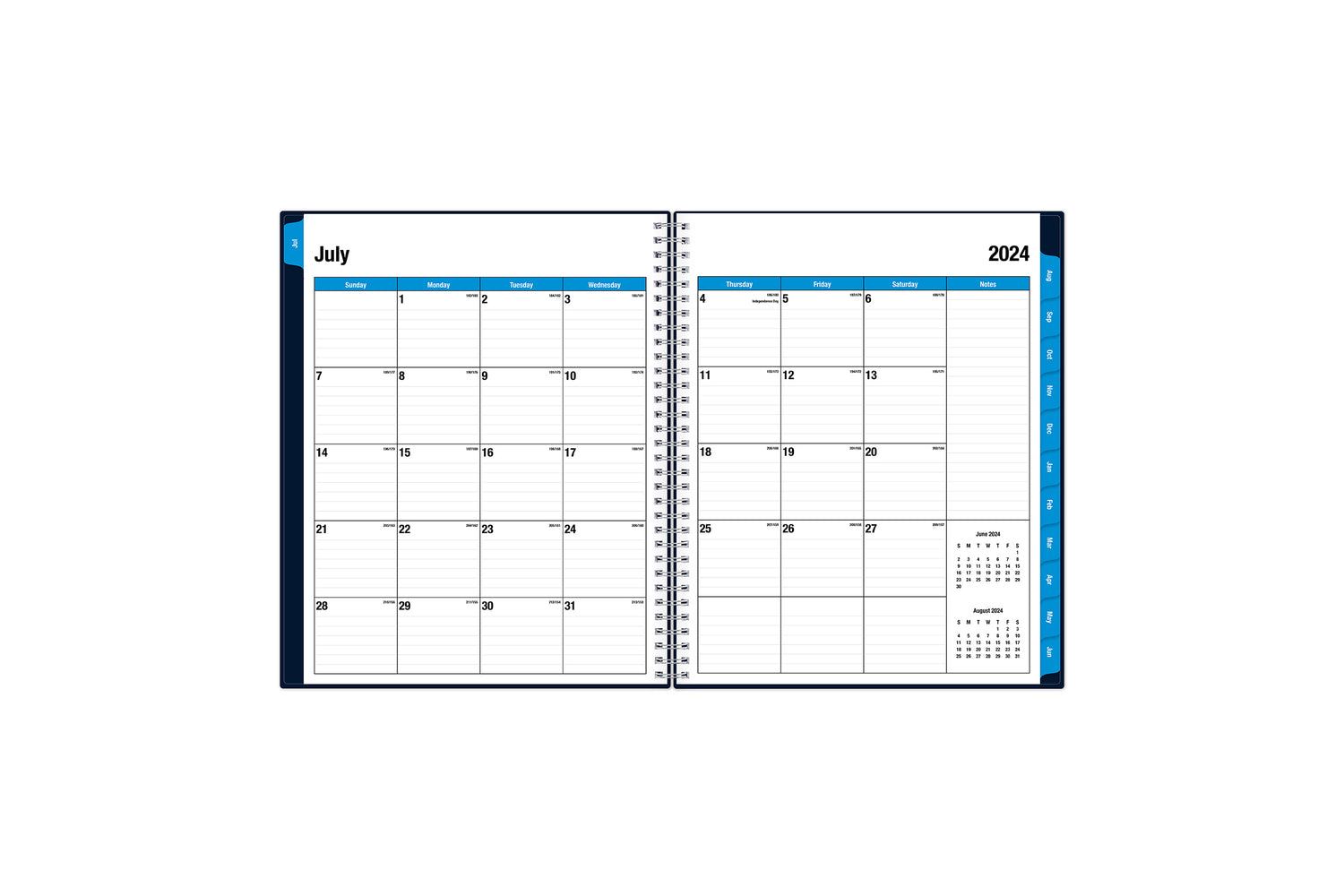  weekly monthly planner featuring a monthly spread with lined writing space, reference calendars, notes section, and blue monthly tabs in 8.5x11 planner size