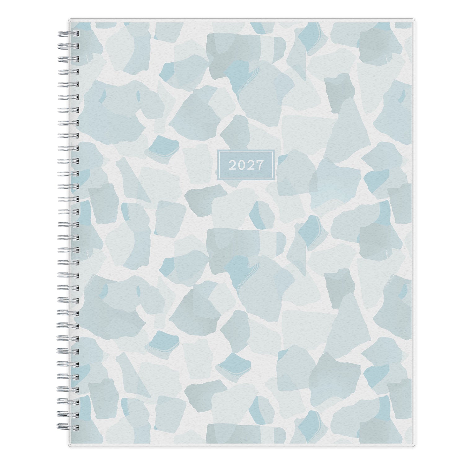 geometric blue front cover on this 2027 8.5x11 planner weekly monthly with twin wire o binding