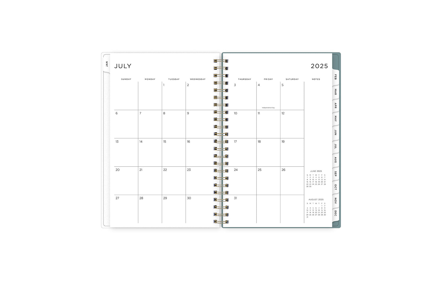 weekly and monthly academic planner featuring a monthly spread with clean writing space, a notes section, reference calendars, and white monthly tabs in 5x8 size