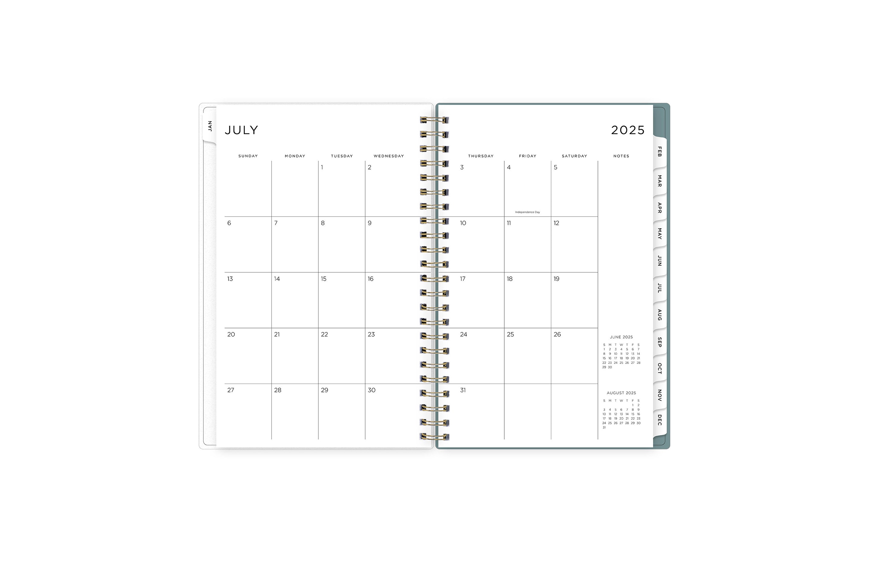 weekly and monthly academic planner featuring a monthly spread with clean writing space, a notes section, reference calendars, and white monthly tabs in 5x8 size