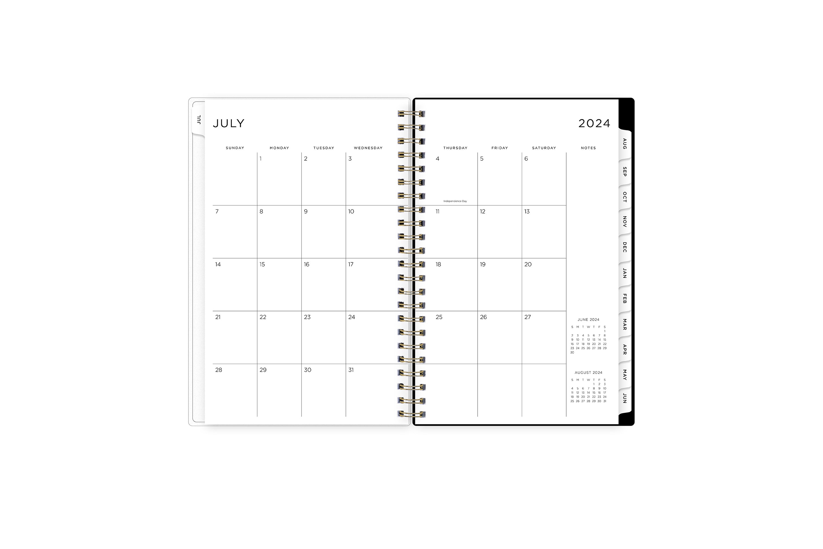  weekly and monthly academic planner featuring a monthly spread with clean writing space, a notes section, reference calendars, and white monthly tabs in 5x8 size