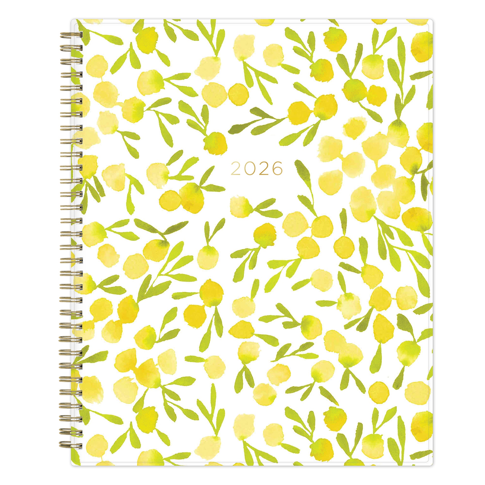 The kelly ventura 2026 weekly monthly planner for blue sky features beautiful lemons cover with gold twin wire-o binding in a 8.5x11 planner size.