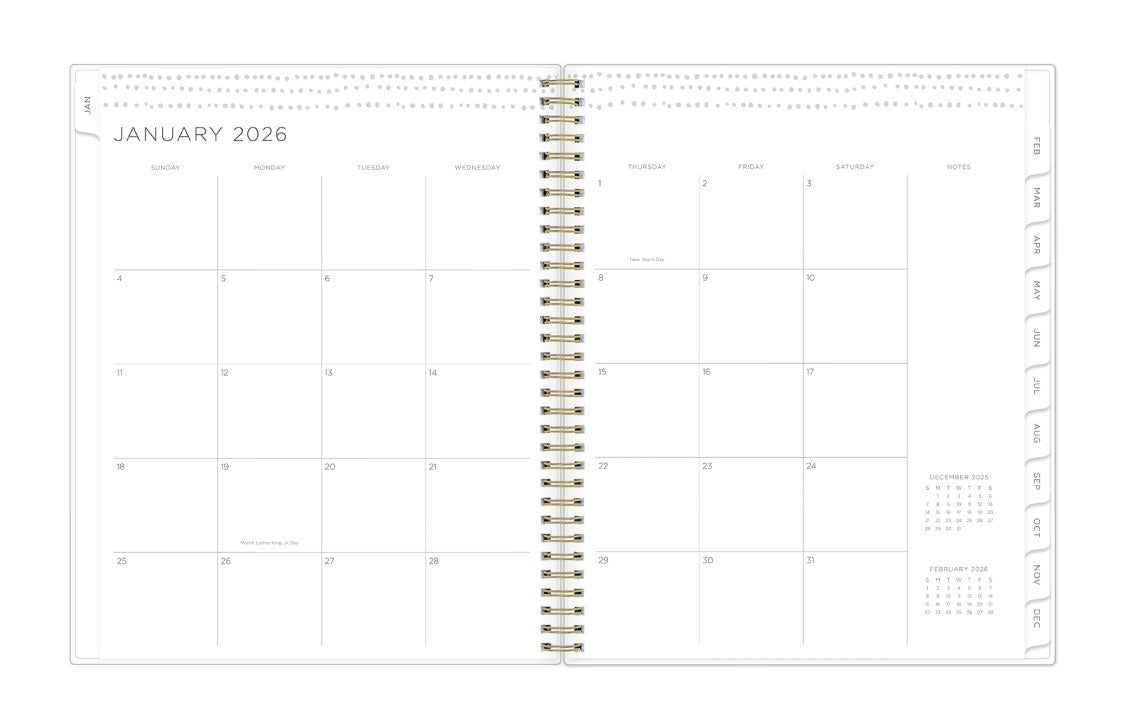the kelly ventura 2026 weekly monthly planner features a monthly overview featuring, clean blank writing space, notes section, reference calendars, and teal monthly tabs, perfect for planning year in year out.