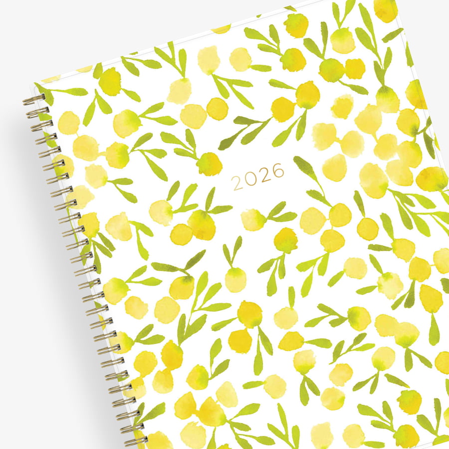 The kelly ventura 2026 weekly monthly planner for blue sky features beautiful lemons cover with gold twin wire-o binding in a 8.5x11 planner size.