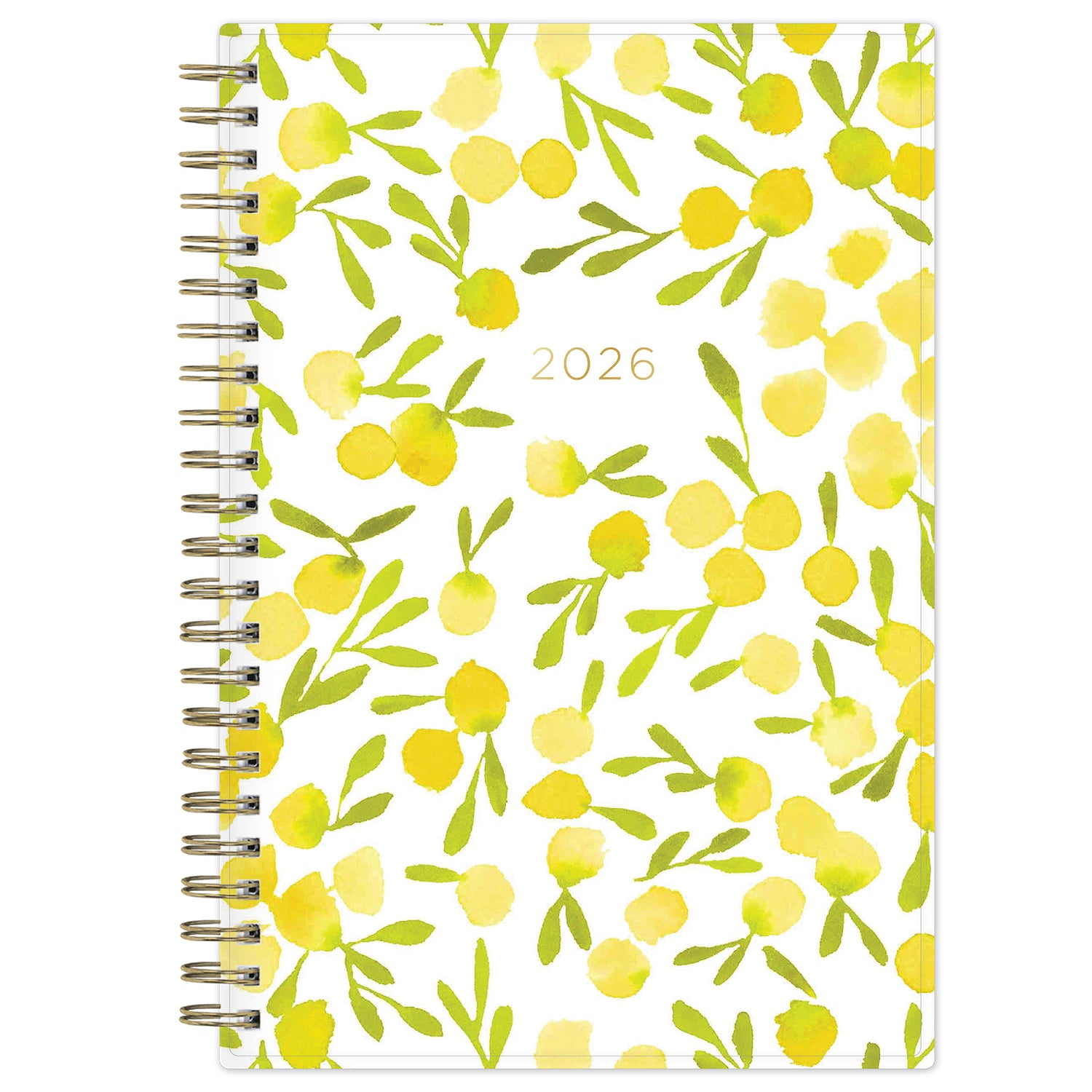 The kelly ventura 2026 weekly monthly planner for blue sky features beautiful lemons cover with gold twin wire-o binding in a 5x8 planner size.