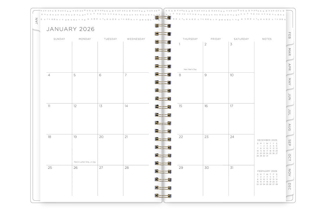 the kelly ventura 2026 weekly monthly planner features a monthly overview featuring, clean blank writing space, notes section, reference calendars, and teal monthly tabs, perfect for planning year in year out.