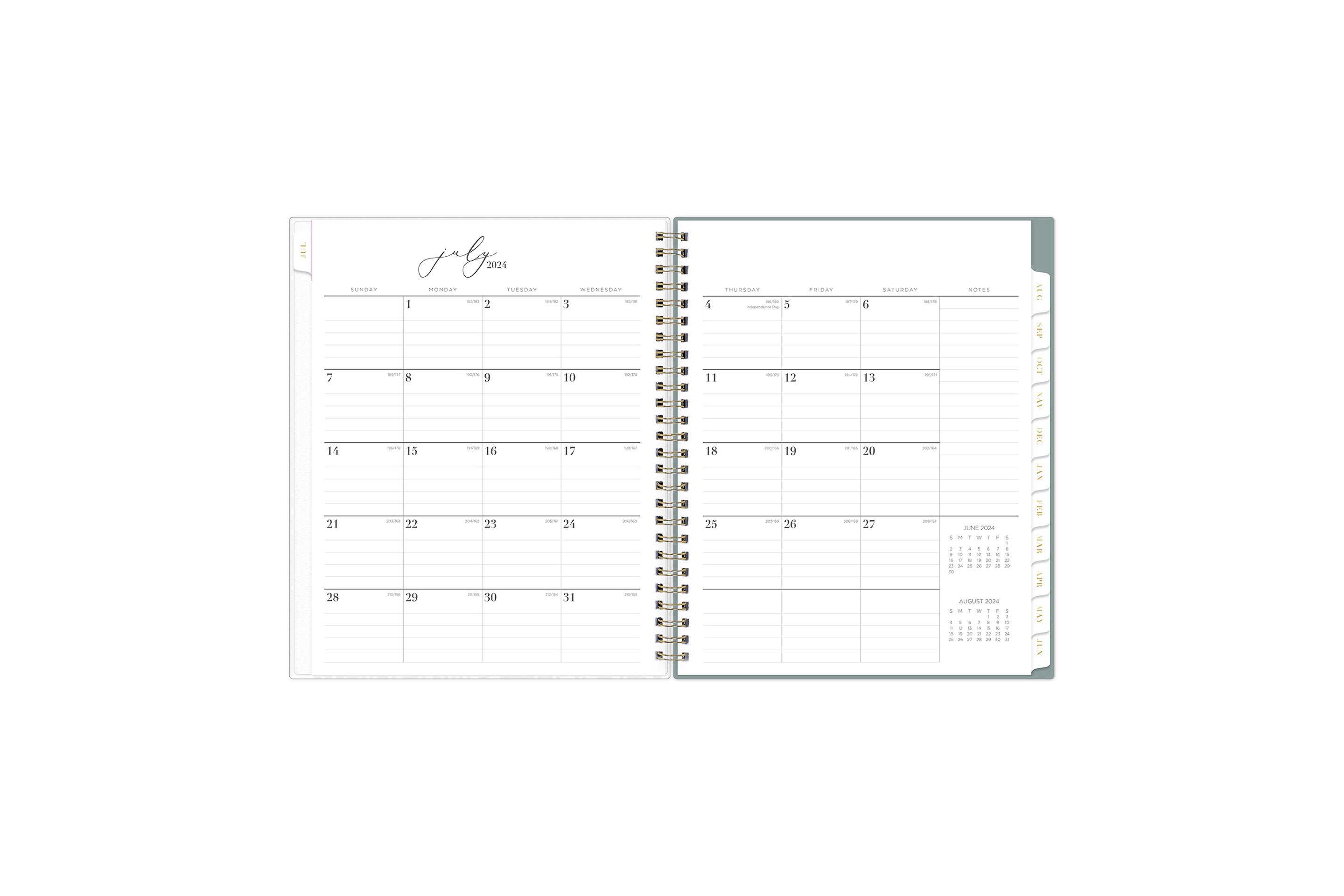 life note it weekly planner for  featuring a monthly spread with clean writing space, lined note taking, reference calendars, and white monthly tabs