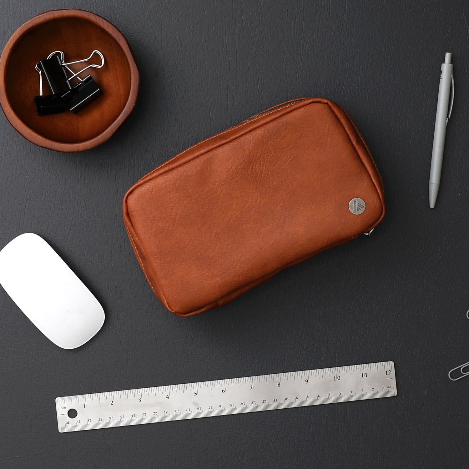 tan faux leather tech organizer, multiple pockets, mesh and elastic holders