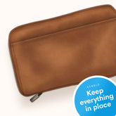 tan faux leather tech organizer, multiple pockets, mesh and elastic holders