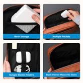 tan faux leather tech organizer, multiple pockets, mesh and elastic holders