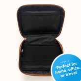 tan faux leather tech organizer, multiple pockets, mesh and elastic holders