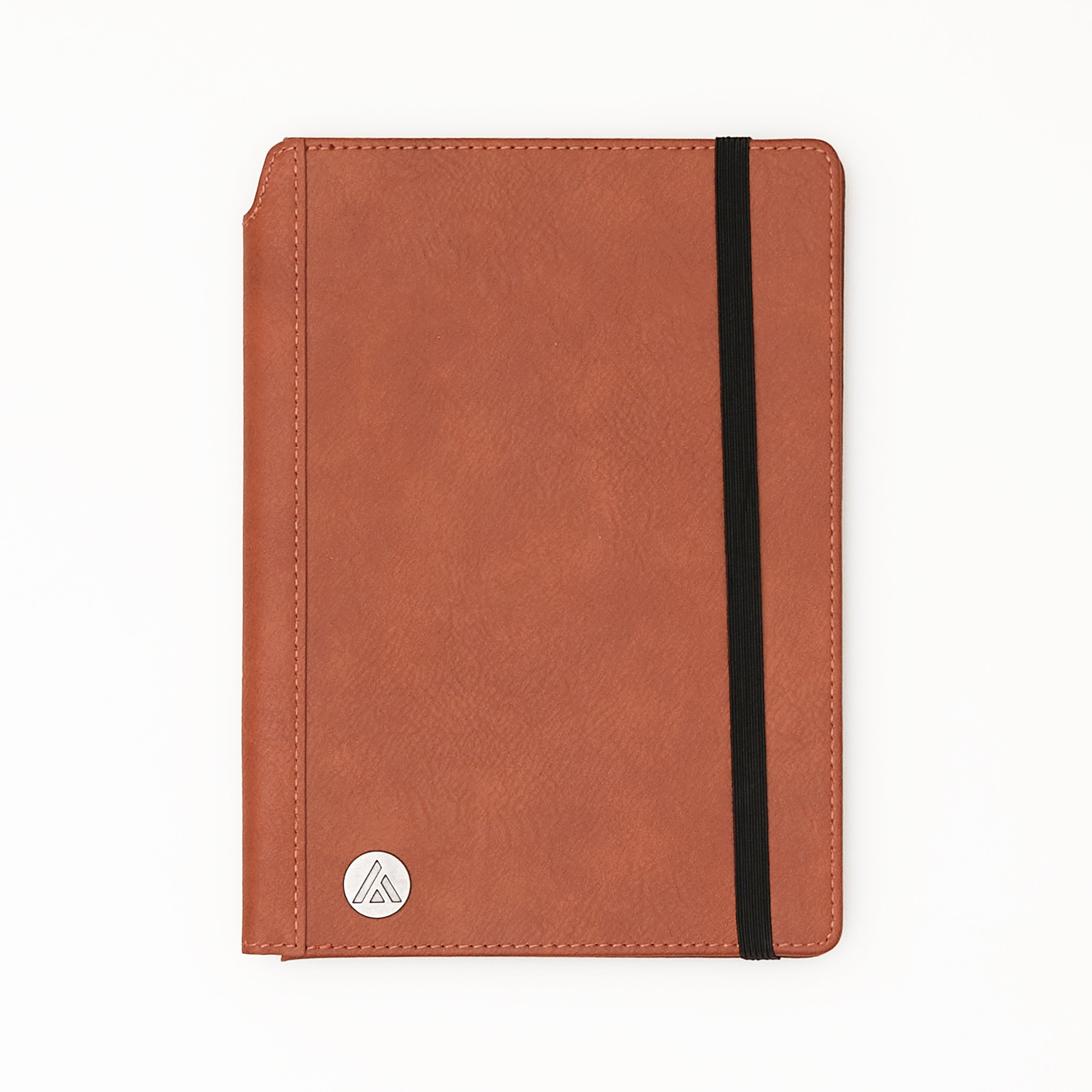 Brown notebook with a black elastic strap on a white background 5.75x8.5
