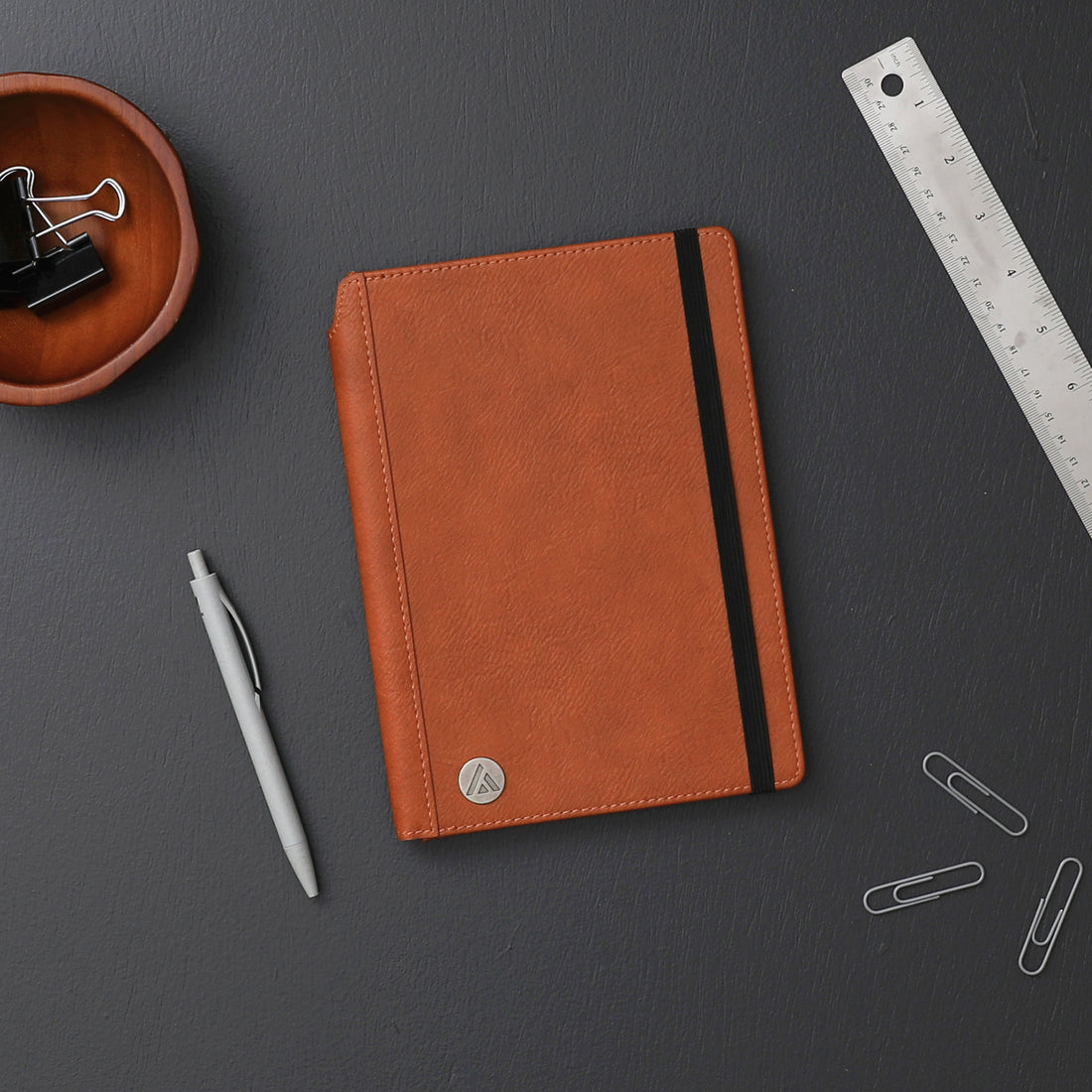 ASMBLD Non-Dated Lined Notebook 5.7x8.5 Tan Faux Leather Cover with Bungee Closure