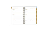2025 planner featuring a weekly spread with lined writing space, bullet points, and monthly gold tabs with white text.
