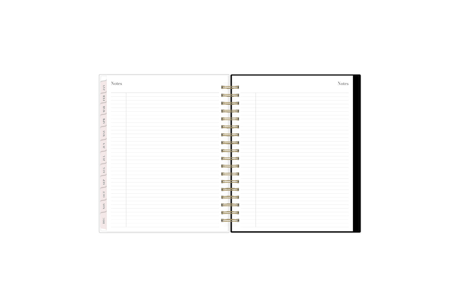 7x9 planner with monthly tabs and lined writing notes pages.