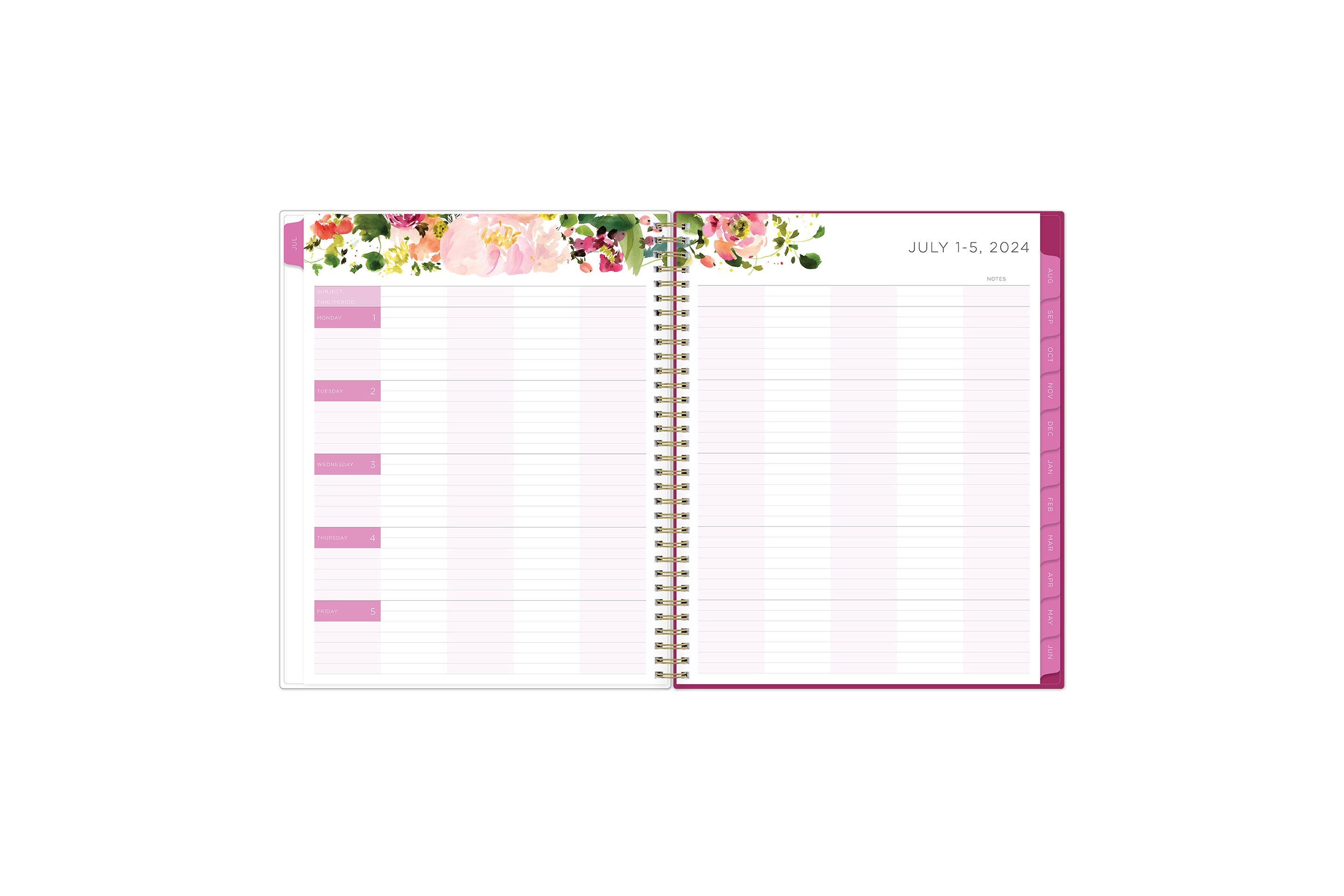 Teacher lesson planner includes ample and clean writing space for each class or period, multi colored pattern for each day, organized layout, and pink monthly tabs in a 8.5x11 lesson planner.