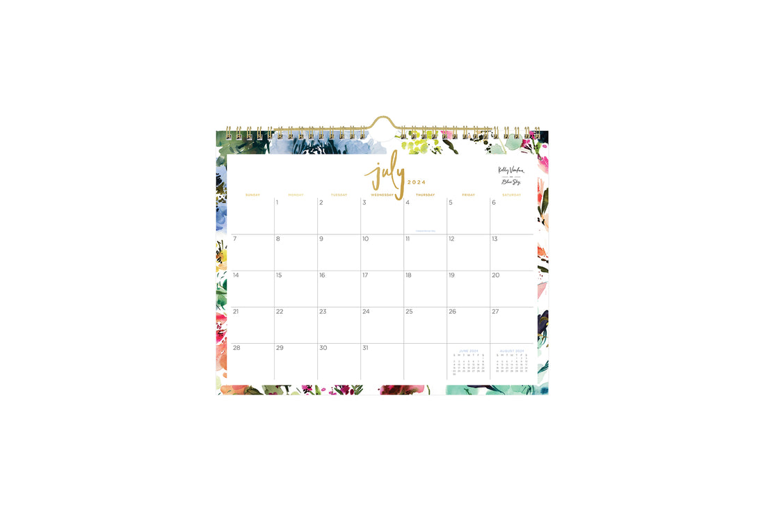 kelly ventura exclusive 11x8.75 wall calendar for june and july academic year featuring floral pattern and boxed dates