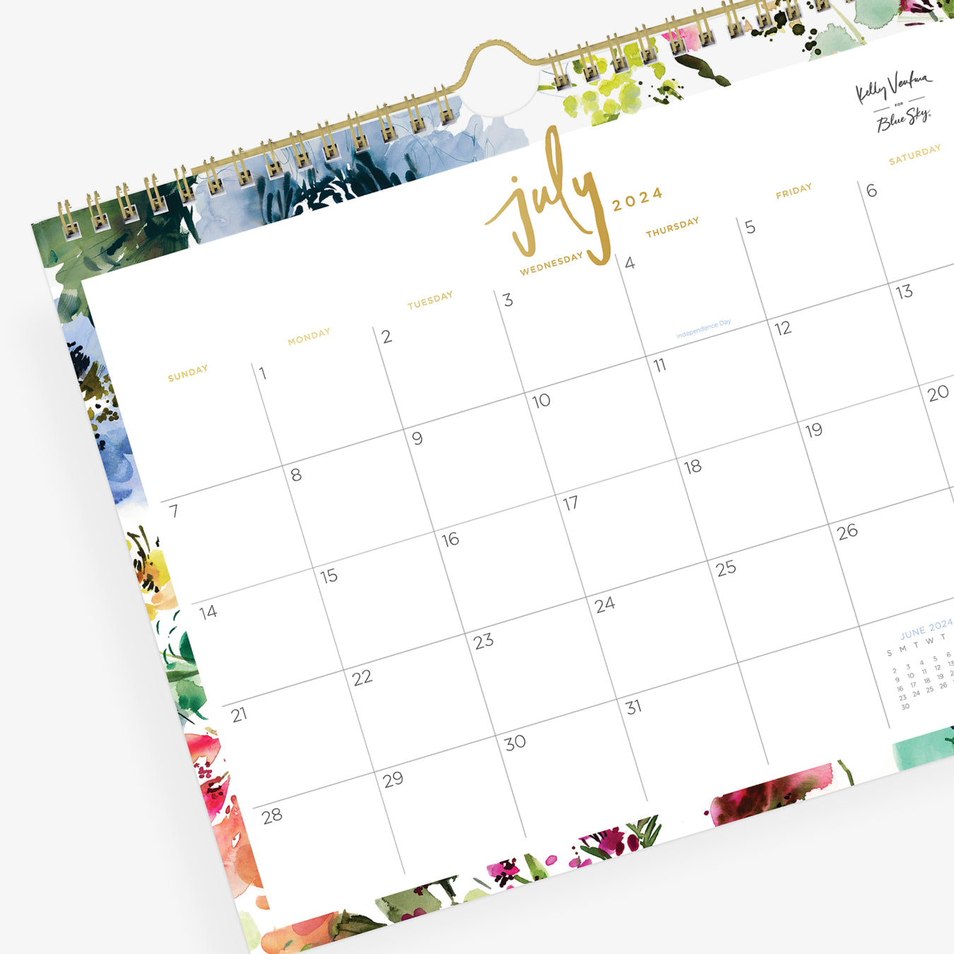 kelly ventura exclusive 11x8.75 wall calendar for june and july academic year featuring floral pattern and boxed dates for July 2024- June 2025
