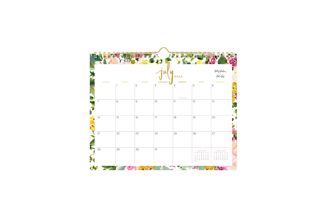 Beautiful floral borders and gold foiling on the 11x8.75 desk calendar for July 2024 - June 2025 from Kelly Ventura for Blue Sky
