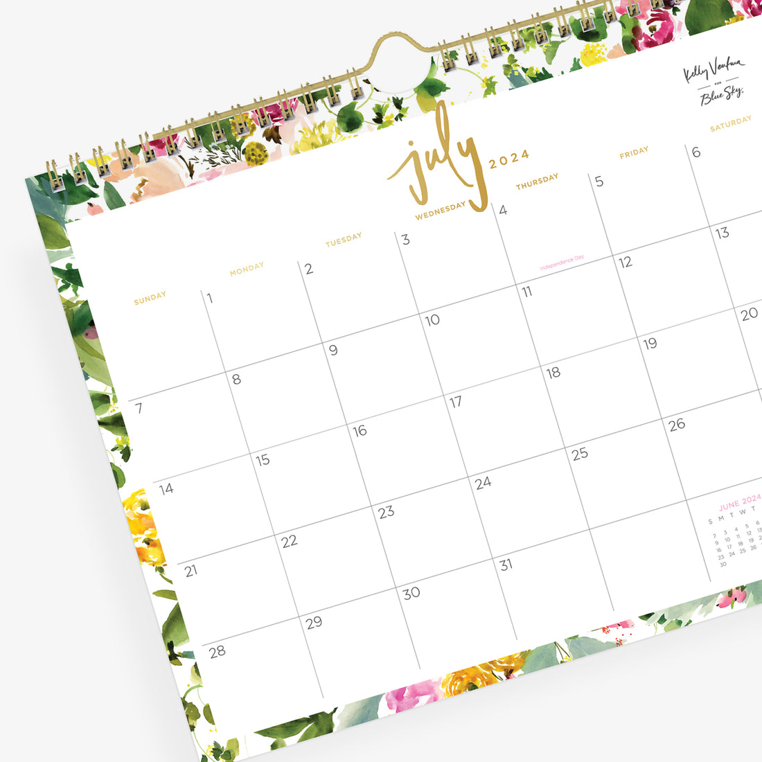 Beautiful floral borders and gold foiling on the 11x8.75 desk calendar for July 2024 - June 2025 from Kelly Ventura for Blue Sky for July 2024- June 2025