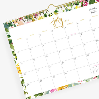 Beautiful floral borders and gold foiling on the 11x8.75 desk calendar for July 2024 - June 2025 from Kelly Ventura for Blue Sky for July 2024- June 2025