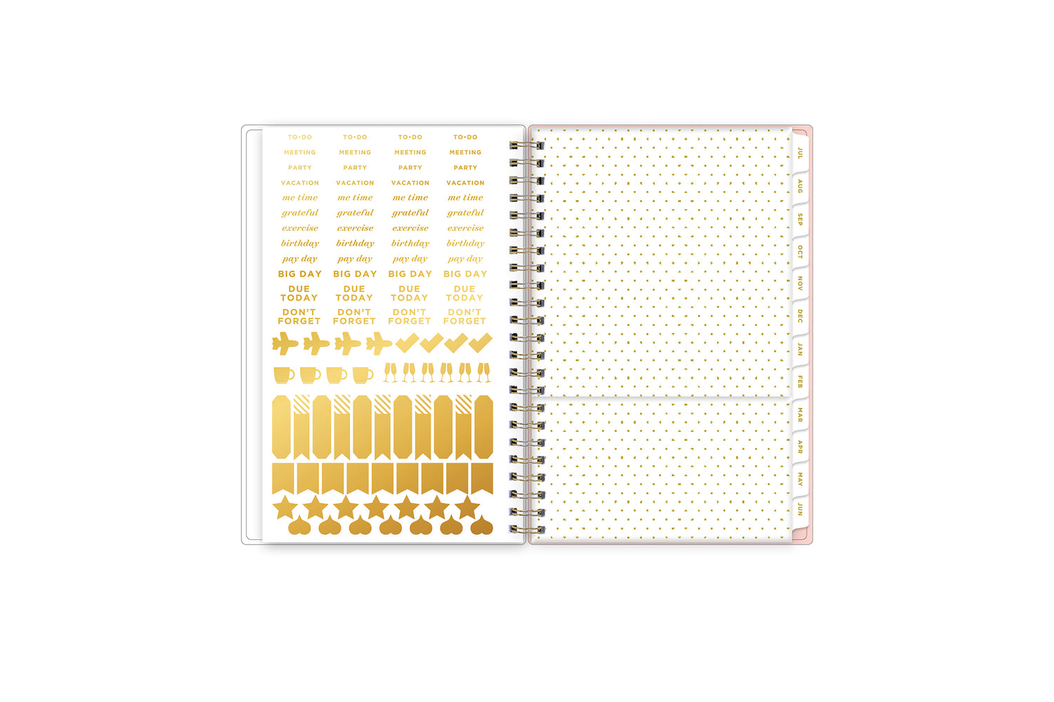 yearly overview reference calendar 2024-2025 with storage pocket, gold sticker sheet academic weekly monthly planner featuring a monthly spread grid lined notes, to-do list, goals, mint tabs, and reference calendars in 5x8 planner size